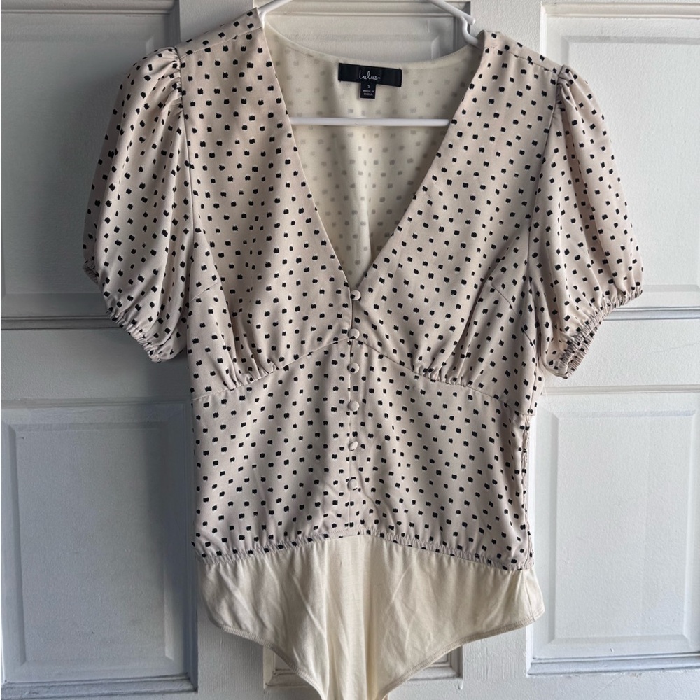 Lulu's Cream and Black Polka Dot Puff Sleeve Bodysuit